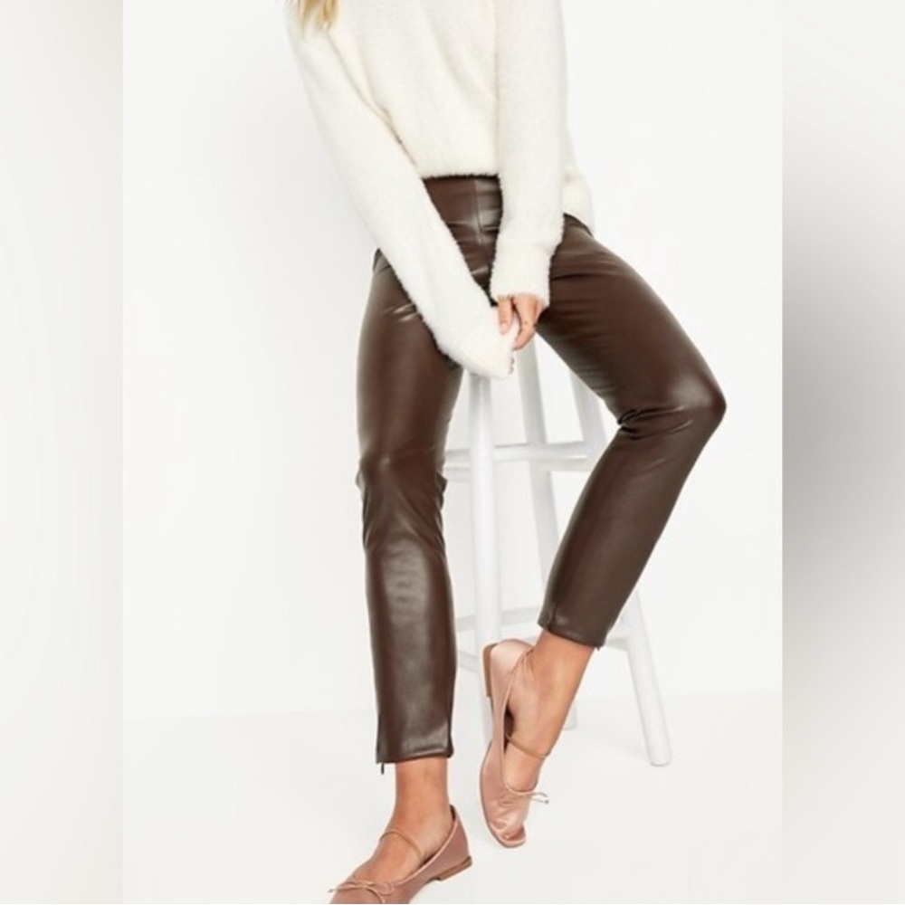Old Navy Brown Faux Leather Skinny Pants Size 10 Vegan Leather Ankle Zip